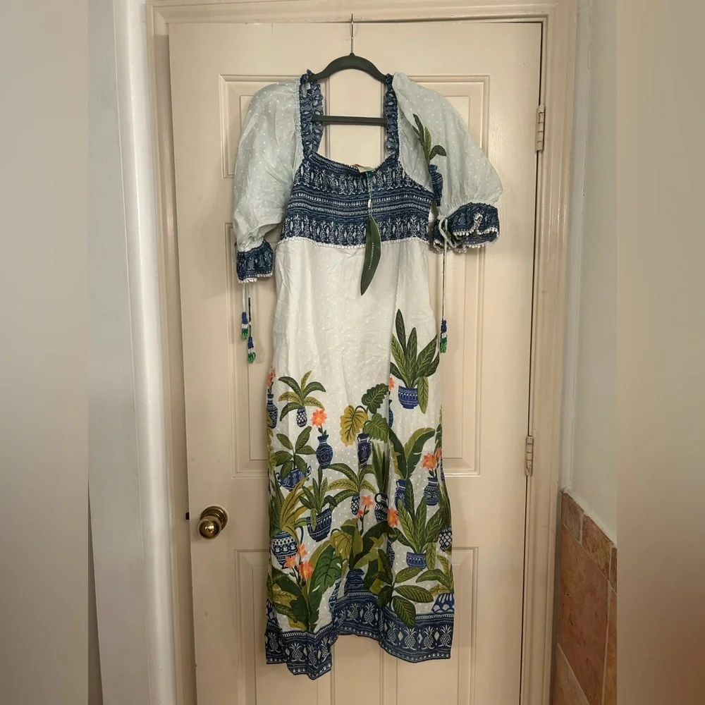 NWT Farm Rio Vase Forest Print Smocked Maxi Dress Tropical Blue Flower Pot XL - Picture 2 of 5